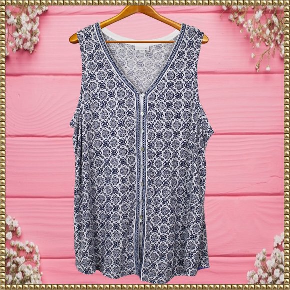 J. Jill Tops - J. Jill Blue and White Boho Pattern Sleeveless Button Front Tank Top Blouse XL